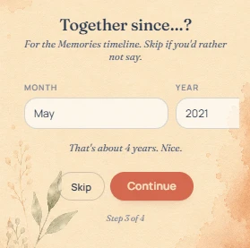 Drawn onboarding: Together since&hellip;? month and year picker