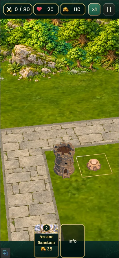 Green TD gameplay: placing a tower beside the stone road