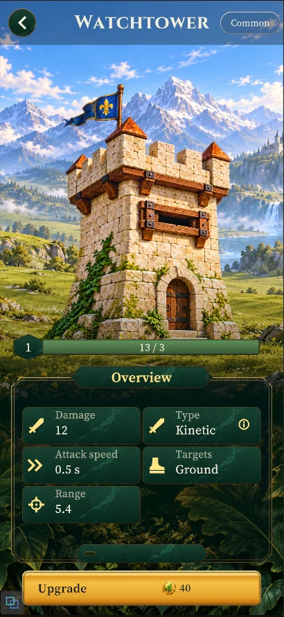 Green TD tower card: Watchtower stats and upgrade