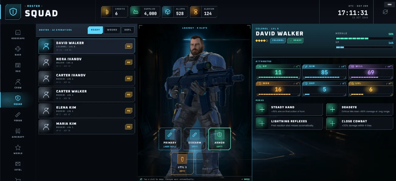 UFO squad screen: operative loadout and attributes